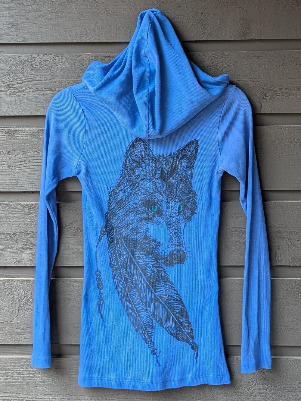 Lauren Moshi Y2K Blue Ribbed Knit Wolf Feather Stretch Hoodie Size X-Small